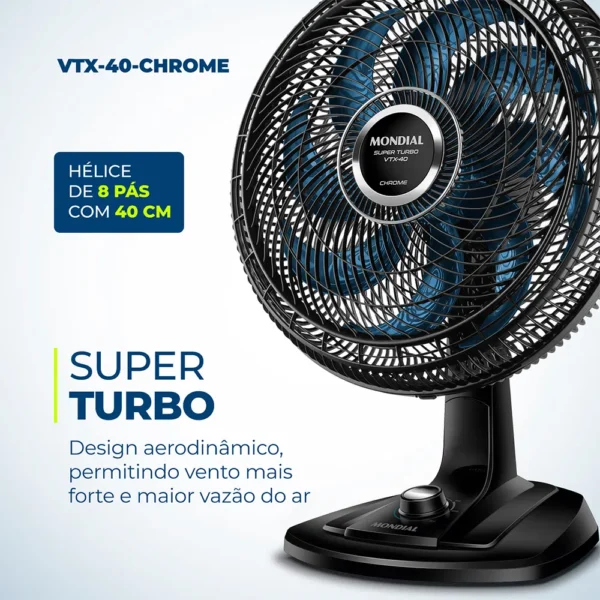 Ventilador de Mesa 40cm 8 Pás e 3 Velocidades Preto e Azul 220V VTX-40-CHROME Mondial - Imagem 2