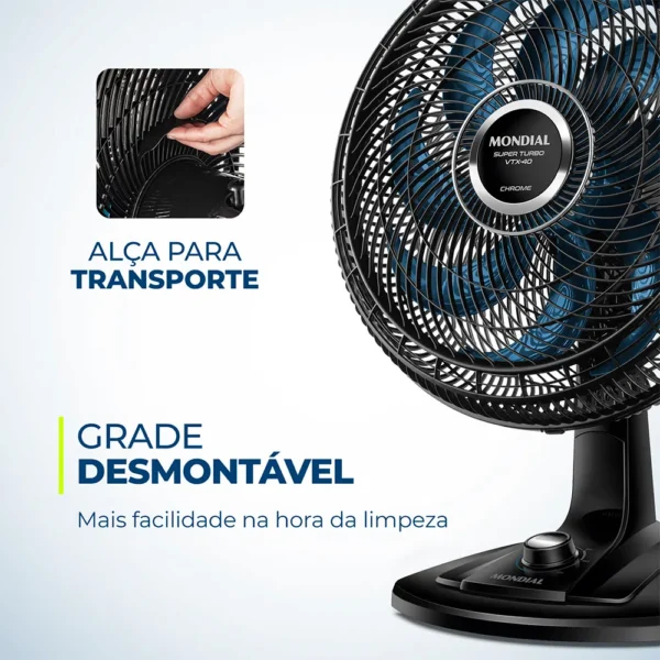 Ventilador de Mesa 40cm 8 Pás e 3 Velocidades Preto e Azul 220V VTX-40-CHROME Mondial - Imagem 5