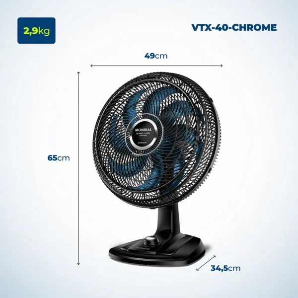 Ventilador de Mesa 40cm 8 Pás e 3 Velocidades Preto e Azul 220V VTX-40-CHROME Mondial - Imagem 6